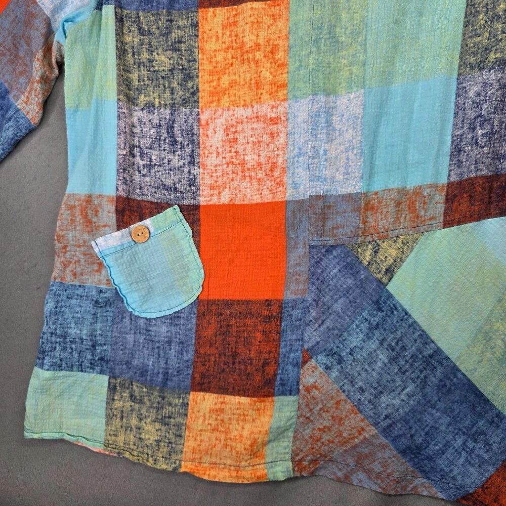 Terra Shirt Womens L Colorful Patchwork Wire Ruffle Collar Boho Tunic SJ Apparel - Picture 10 of 15